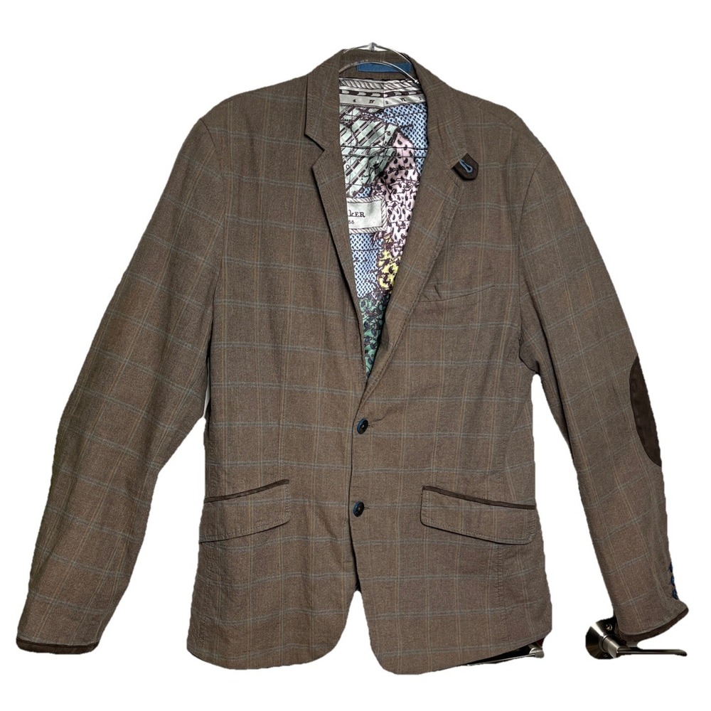 Ted Baker London Cotton Windowpane‎ Elbow Pads Map Lined Blazer  Size 4/US Large